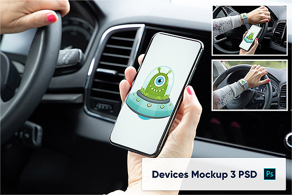 车内场景手持手机样机展示PSD贴图样机PS智能样机素材