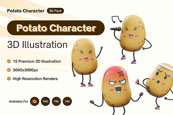 土豆角色卡通面部表情3D图标 obj,fbx,png, Blend下载