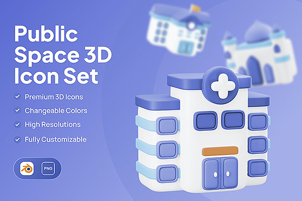 公共空间3D图标public space 3d icon set – png, Blend下载