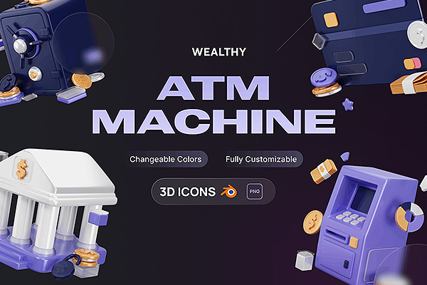 5个财富ATM 机器银行3D图标模型PNG,blend下载