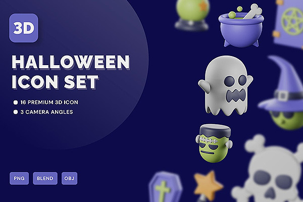 16个万圣节3D icon图标模型下载PNG,Blend,OBJ下载-halloween 3d-icon set