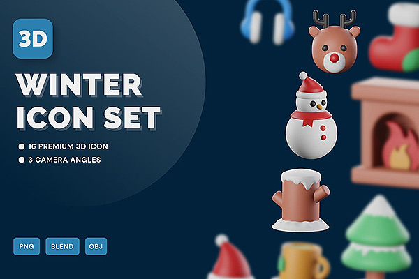 16个冬季圣诞节3D icon图标元素包下载PNG,OBJ,Blend下载