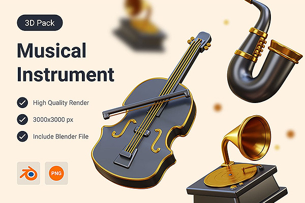 小提琴、留声机和萨克斯3D图标插图 PNG,Blend下载