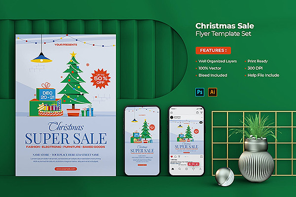 圣诞促销传单海报设计模板AI,PSD下载
