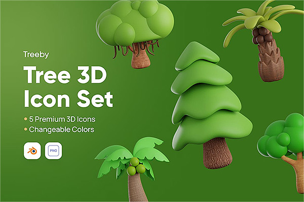 5棵卡通树木3D图标模型blend,png下载