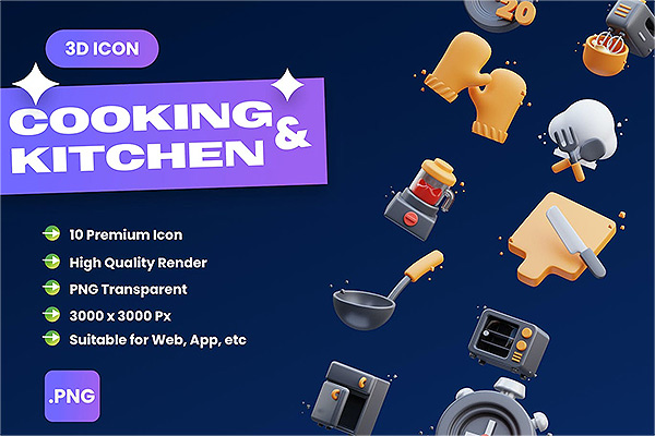 厨房烹饪主题卡通3D图标png下载