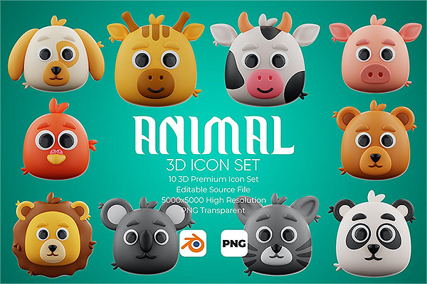 10只动物头像3D卡通图标png,blend下载