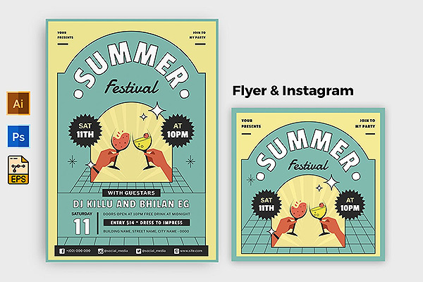 复古夏季矢量海报设计模板品牌推广公众号推文广告海报排版设计社交媒体设计模板–AI, EPS, PSD
