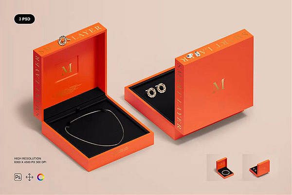橙色方形珠宝首饰盒样机psd样机模板 Jewelry Box Mockup Set(3)
