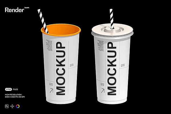 一次性纸杯饮料咖啡奶茶热饮杯吸管纸杯包装设计样机贴图ps样机素材 Paper Cup Mockup