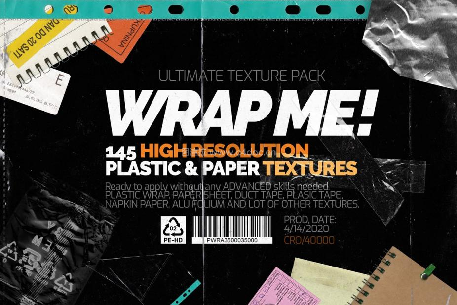 145种铝箔餐巾纸塑料袋薄膜包装纸胶带复古做旧纹纹理包PSD下载Wrap Me! Ultimate Textures Pack