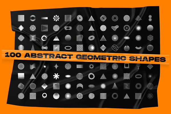 100个抽象几何形状图形图标装饰元素和褶皱塑料膜包装背景素材