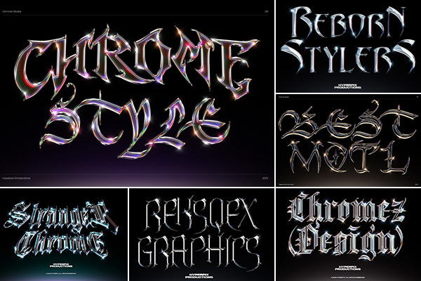 40款字体特效潮流酸性金属3D镀铬标题Logo设计样机模板Chrome Text Styles Bundle