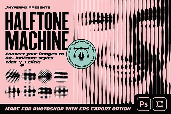 PS将图像照片转换为复古像素波点条纹半色调效果特效ps动作-Halftone Machine Photoshop Action