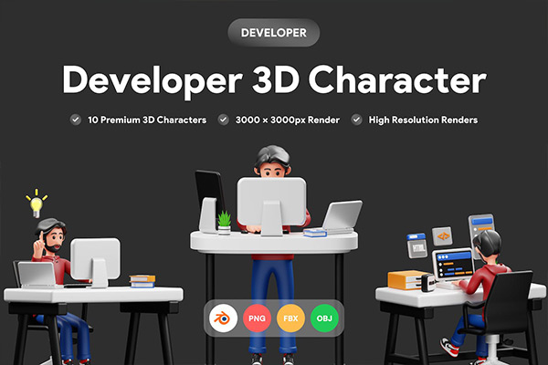 互联网开发者程序员3D角色插图Blend+C4D模型下载