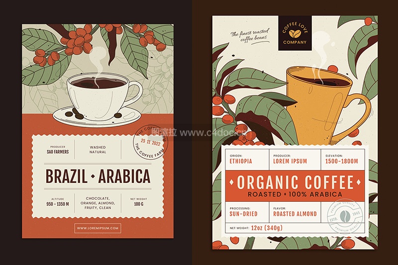 9款复古咖啡饮料手绘插画产品包装海报封面AI源文件下载