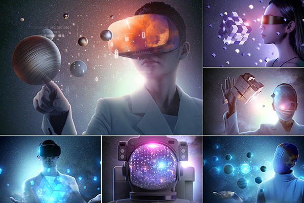 14款VR虚拟智能科技星空宇宙海报设计元素背景PSD模板素材下载