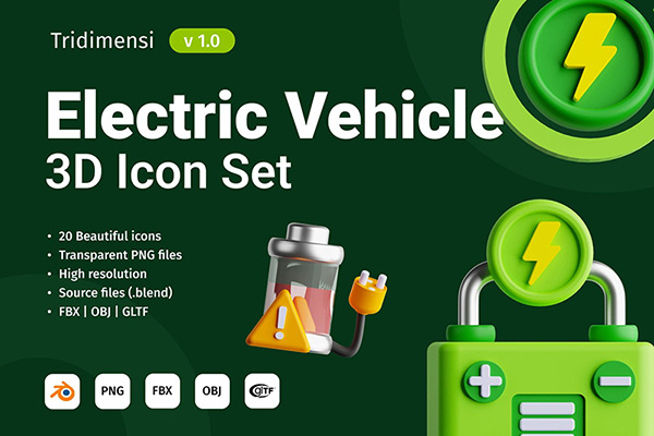 20个3D电动汽车能源绿色环保图标模型Blend fbx obj png下载