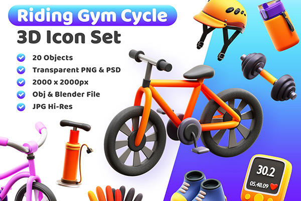 20个儿童骑行健身自行车配件用品3D卡通图标设计素材 Riding Gym Cycle 3D Icon