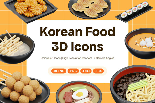 15个韩国小吃拉面丸子炸串美食3D图标Blend模型下载