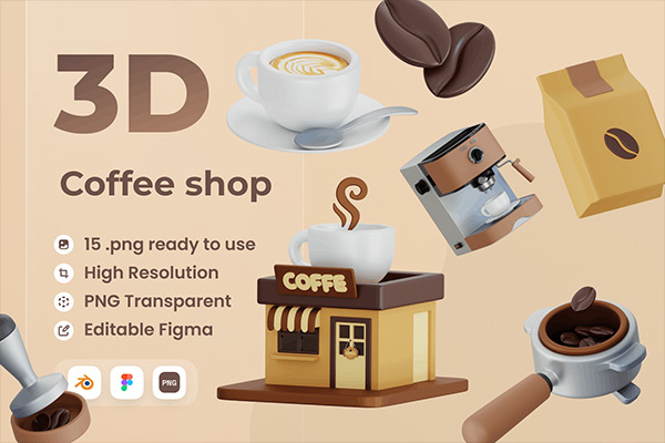 15个咖啡店餐具3D插图blend模型PNG免扣素材下载