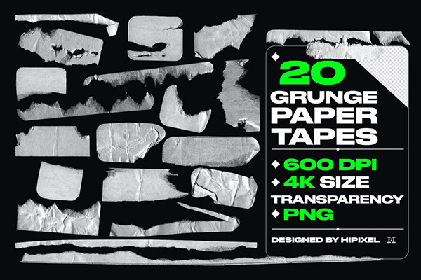 20个Grunge胶带粗糙撕纸元素 PNG免扣素材