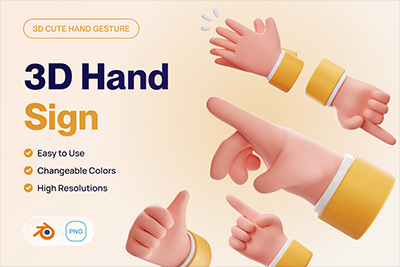 5个手势向上、拍手、手指-竖起大拇指手势3D卡通手势图标Blend模型下载