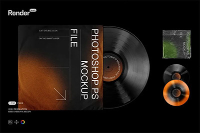 复古黑胶唱片CD专辑封面作品包装设计展示贴图PS样机模板 Vinyl Record & Cover Mockup