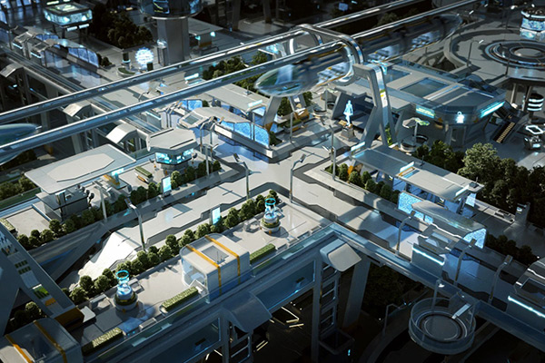 科幻城市街道公共设施高铁火车站台检票口C4D模型下载 Kitbash3D Props High Tech Streets
