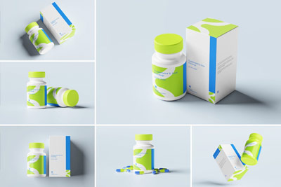 补充剂药品盒子包装设计VI样机展示模型