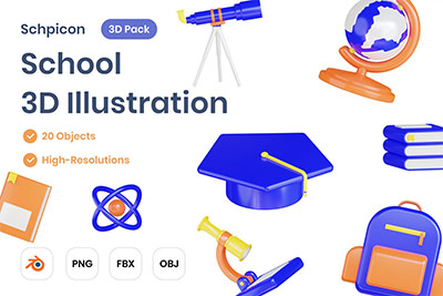 学校元素3D图标套装 (PNG,OBJ,FBX,Blend)