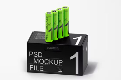 4款电池纸盒外包装产品包装设计贴图ps电池组样机套装样机素材Battery Packaging Mockup Set