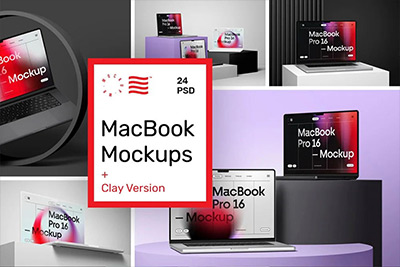 24款苹果Macbook Pro 16笔记本电脑样机展示效果PS智能贴图MacBook Pro 16 Mockups + Clay Style