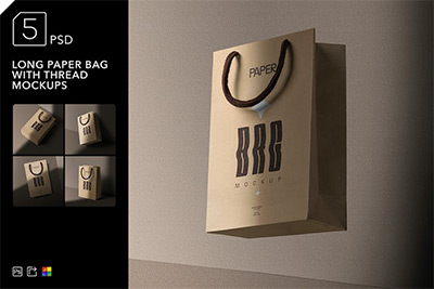 购物手提袋纸袋设计PS贴图样机模板素材 Long Paper Bag With Thread Mockups