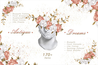 170+雕塑花卉手绘插画金色边框PNG素材包 ANTIQUE DREAMS