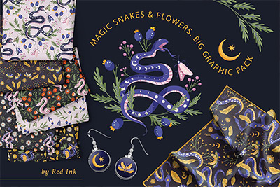80多宽蛇插图花卉手绘插画AI矢量设计素材图案包