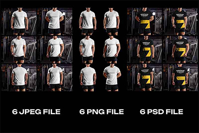 6款时尚圆领男士健身房运动上衣T恤半袖设计样机效果展示