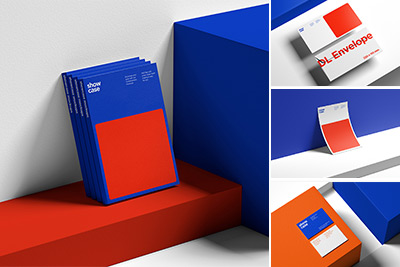 6款品牌VI设计信封名片画册传单展示样机模板