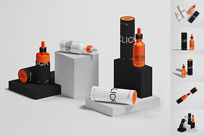 6款时尚药物化妆品滴管瓶包装盒设计PS展示贴图样机模板合集 Glass Bottle and Paper Tube Mockup