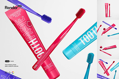 时尚牙膏牙刷品牌Logo包装设计Ps智能贴图样机模板素材合集 Toothpaste Mockup Set