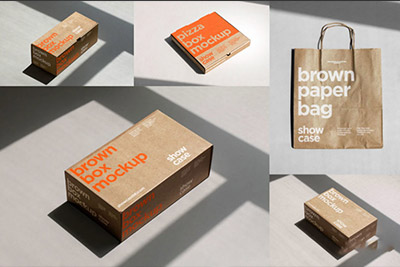 5款纸盒购物手提纸袋包装盒设计PS展示贴图样机模板