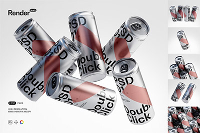 6款苏打水饮料啤酒金属听装铝管易拉罐设计展示样机