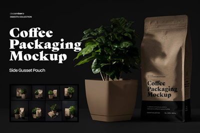 9款食品零食咖啡自封自立拉链式包装袋设计PS贴图样机模板