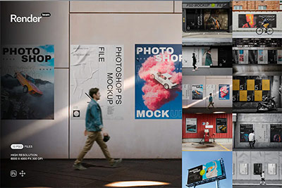 10款城市街头墙贴胶合海报招贴广告牌设计展示贴图PSD样机模板