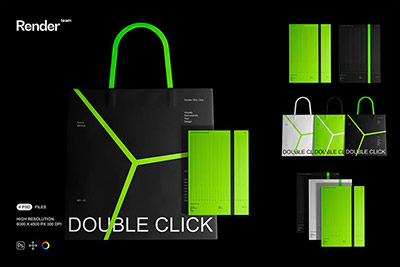 绿黑高级品牌VI设计手提袋书籍画册展示贴图PSD样机模板素材