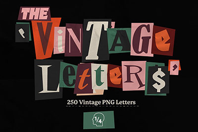 205款高清复古老式数字字母剪贴画拼贴画PNG免抠图设计素材包