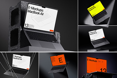 16款工业化高级黑风格苹果MacBook Air笔记本电脑屏幕演示贴图样机PSD素材 E-Mockups: MacBook Air