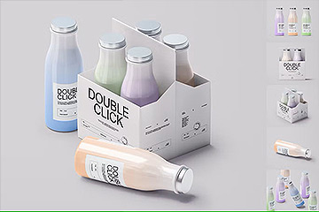 牛奶果汁饮料酸奶玻璃瓶贴纸包装标签设计效果图PS样机 Yogurt Bottle and Box Mockup Set