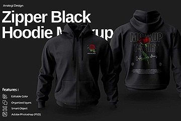 潮流连衣帽拉链卫衣图案设计PSD样机模板素材Zipper Black Hoodie Mockup