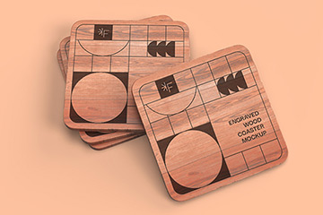 木质雕刻水杯杯垫设计样机展示效果图Engraved Wood Coaster Mockups